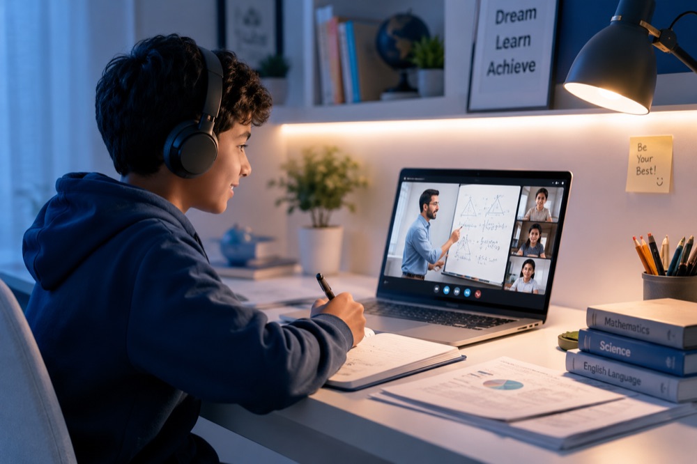 Student attending a live online Cambridge class with Virtual City School
