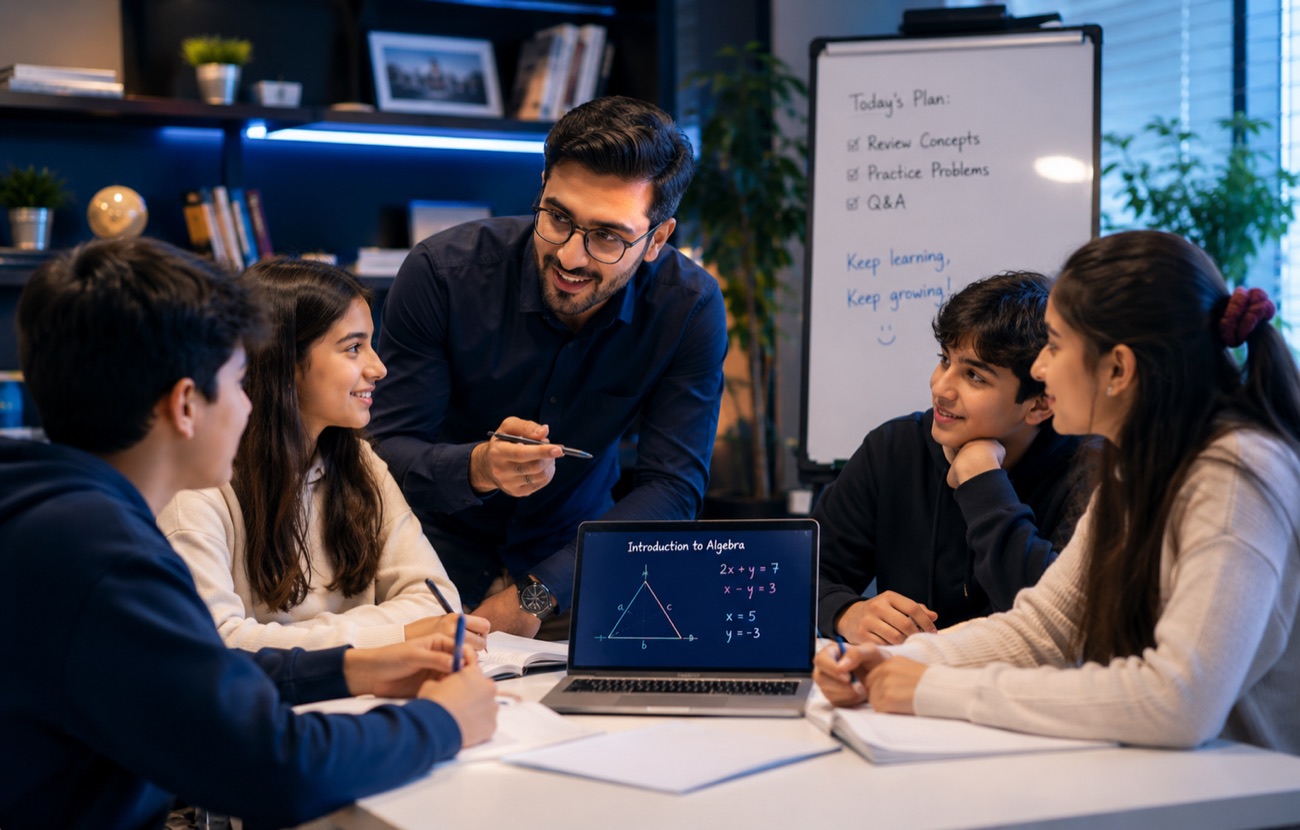 Cambridge-qualified teacher leading a small-group online class with Virtual City School